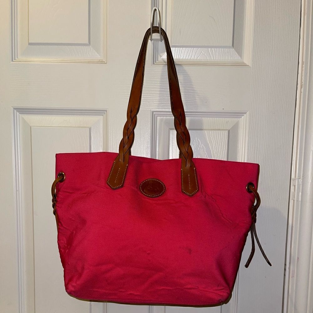 Dooney & Bourke Hot pink Nylon large tote bag with leather tan straps & accents